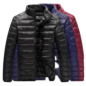 Men's Slim Fit Puffer <b>Jacket</b> Stand Collar Zipper Closure Windproof Solid Color Winter Casual Outerwear Regular Length Polyester - Product Image 1