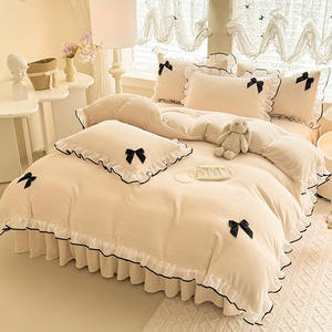 Neues Unisex Milch-Samt Bettrock Vierteiliges Set Schleifendesign Verdicktes Fleece-Gefüttertes Winter-Bettlaken Bettbezug Bettwäsche - Product Image 6