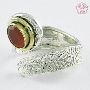 Bague ajustable en argent sterling 925 à deux tons, pierre de cornaline, accessoire de mariage et de fête - Product Image 2