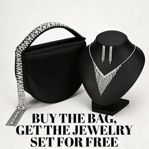 Nuova Borsa a Tracolla Nera in Raso con Nappa di Cristalli + Set di Gioielli con Strass Abbinati in Omaggio - Elegante Pochette da Sera per Feste e Matrimoni - Product Image 2