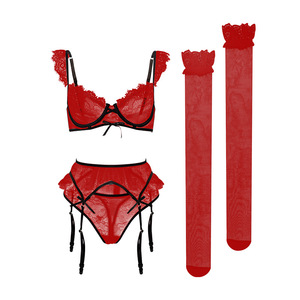 Sexy Underwear Fungus Lace Thin Bra Briefs See-Through Sexy Four-Piece Suit Lingerie Womens Clothing - Product Image 5