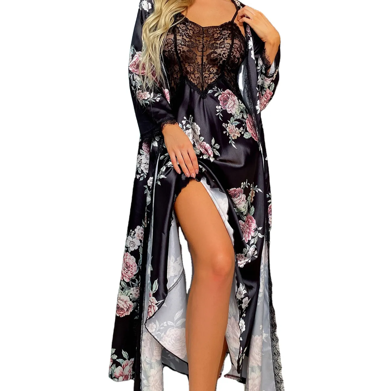 Bossman female lace lingerie long sleeve bathrobes with robe harness skirt and underwear