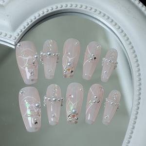 Uñas postizas acrílicas hechas a mano al por mayor, suministro a granel, cuadradas de cobertura completa, forma de ataúd, diseño de diamantes de imitación rosas - Product Image 2