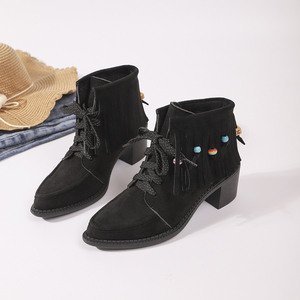 <span class=keywords><strong>Botines</strong></span> negros bohemios chic para mujer con flecos de gamuza sintética cuentas coloridas abalorio de madera con tacón grueso - Product Image 1