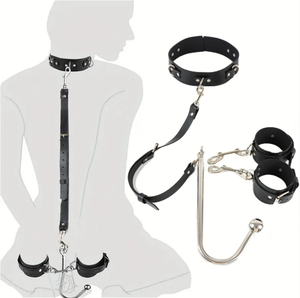 Conjunto de Bondage BDSM de Cuero Alternativo con Collar de Esclavo, Correas, Esposas, Restricción, Gancho Anal de Acero Inoxidable - Product Image 6