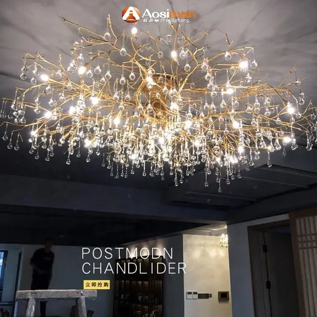 램프 금속 골드 디자이너 럭셔리 유리 브랜치 샹들리에 골드 컬러 플러시 장식 호텔 높은 천장