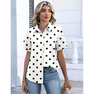 Camisa de Mujer con Botones y Estampado de Lunares, Manga Corta, Cuello Camisero, Blusa Informal, Tela Popelina, para Uso Diario - Product Image 4
