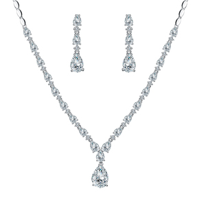 Set Perhiasan Pernikahan Pengantin, Kualitas Terbaik, Kalung CZ Tetesan Air Zirkonia Kubik, Anting Jatuh - Product Image 1