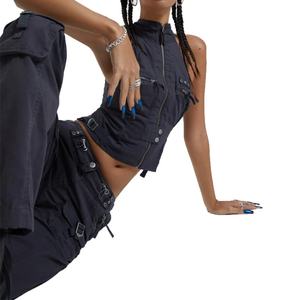 Y2K Fashion Vintage <b>Grey</b> 100% Cotton Zip up High Halter Neck <b>Cargo</b> Top <b>Women</b> Cropped Top - Product Image 3