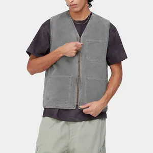 Custom Design Logo Mens 100% Cotton Canvas Contrast Collar Quilted Lining Big Pockets Zipper Vest Tank Top Waistcoat