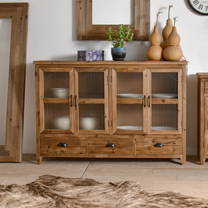 INNOVA Vintage Shabby Chic <b>Rustic</b> Farmhouse Solid Wood Drawer <b>Cabinet</b> Glass Door 3 Drawers Durable Living Room Dining Home - Product Image 1
