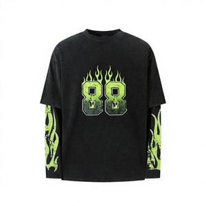 Men's Oversized Black T-<b>Shirt</b> With Green <b>Flame</b> 88 Print Screen Printing Street Style Short Sleeve O-Neck Cotton Jersey - Product Image 1