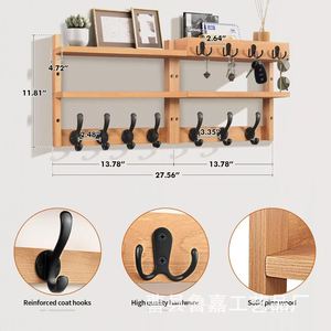 Wooden <b>Wall</b> <b>Mounted</b> <b>Shelf</b> 3 Tier With Hooks For Entryway Living Room Storage Rack Natural Wood Color - Product Image 2