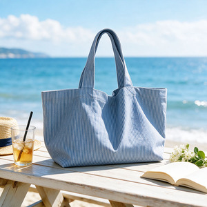 Sac fourre-tout de plage en toile rayée imprimé sur mesure, réutilisable, en coton, grande capacité, vente en gros - Product Image 4