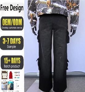 Pantalon Baggy Homme Noir Personnalisé Coupe Droite Ample Délavé à l'Acide Grandes Poches Style Coton Canvas - Product Image 1