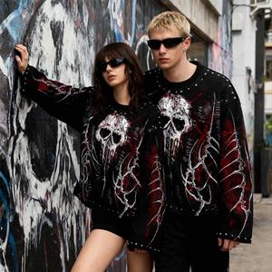 Sudadera de cuello redondo estilo urbano atrevido con estampado digital de calaveras y esqueletos, 100% algodón, hombros caídos, remaches y diseño oversize, novedad 2026 - Product Image 2