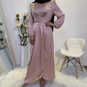 Abaya — robe longue à volants en satin, couleur unie, pour femme, style musulman, à manches longues, vêtements d'été tendance, de dubaï, turquie