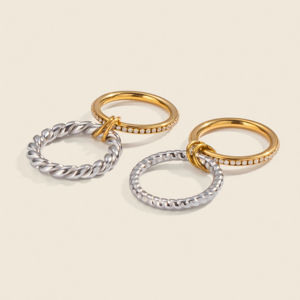 Anillos de Oro para Mujer, Joyería de Acero Inoxidable con Incrustaciones de Diamantes de Imitación, Diseño Geométrico en Capas, Estilo Moderno - Product Image 2