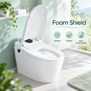 WC intelligent monobloc avec bouclier en mousse, design moderne en céramique, fonctionnement automatique, cuvette allongée, à poser au sol - Product Image 1