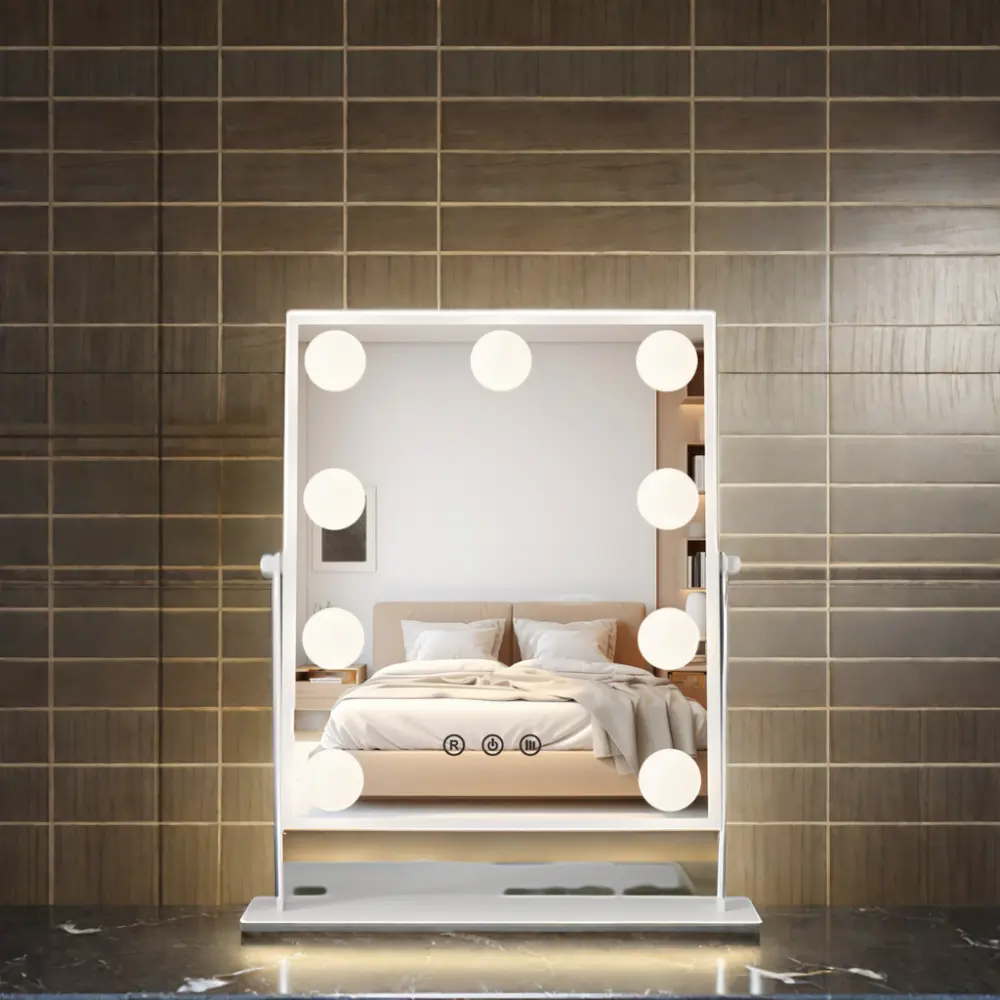 Miroir de courtoisie LED moderne à 9 ampoules, écran tactile, maquillage hollywoodien, coiffeuse de table, verre, cadre MDF, utilisation de bureau-cosmétique