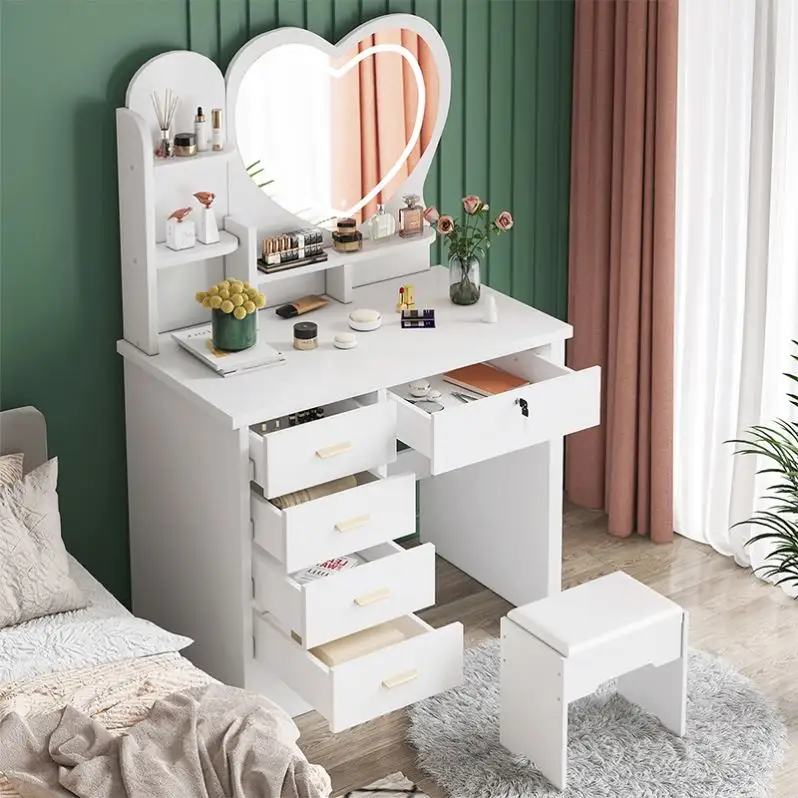 Nieuw Design Moderne Witte Houten Make-Up Ijdelheid Professionele Dressoirs Kaptafel Met Hart Slimme Led Licht Spiegel En Kruk