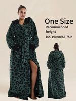 Peignoir doux à imprimé léopard pour femme, longue robe de nuit en peluche à capuche, manches longues, robe de nuit thermique pour l'hiver, la douche et le spa