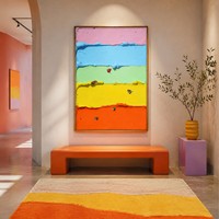 Peinture abstraite artisanale sur toile acrylique, motif personnes sous parapluie arc-en-ciel, technique impasto épaisse au couteau à palette, art mural 3D pour salon