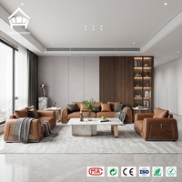 Hochwertiges Echtleder-Sofa-Set mit Burl-Holz-Seitenwänden, Silberverzierung und Marmortisch, Maßgefertigtes Wohnzimmer-Set, Komplette Villen-Möblierung