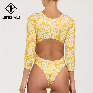 Summer Hawaiian Print Classic Sun Protection <b>Long</b>-<b>Sleeve</b> Surf Suit Custom Recycled Nylon Women's Surf <b>Swimsuit</b> - Product Image 4