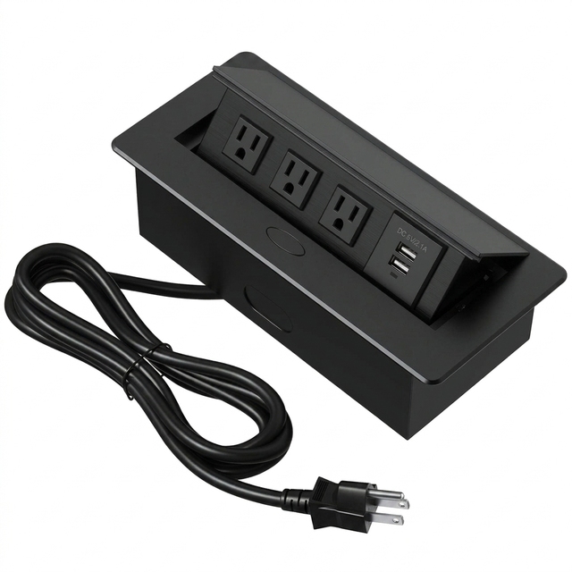 Black Fire-resistant Outer Shell Desk Recessed Power Strip Pop up Pull Out Power Hub with USB Socket Connection Box for Offices