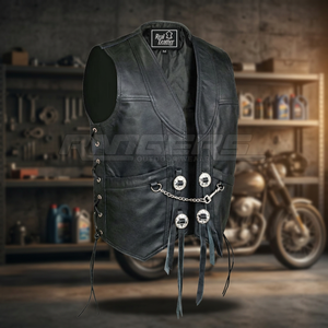 Gilet de motard d'hiver noir respirant en cuir véritable avec chaîne et lacets latéraux, personnalisable OEM, robuste pour homme - Product Image 2