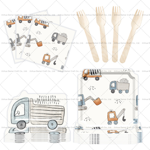 Articles de fête d'anniversaire DAMAI Construction avec un ensemble de vaisselle sur le thème du tracteur et du camion, assiettes, gobelets, serviettes, couverts pour enfants - Product Image 3