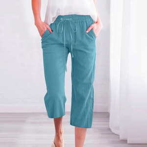   <span class=keywords><strong>Pantalon</strong></span> Capri en Coton et <span class=keywords><strong>Lin</strong></span> Satiné pour <span class=keywords><strong>Femme</strong></span>, Couleur Unie, Décontracté, Ample, Droit, avec Poches, Respirant – Collection Été 2025 - Product Image 4