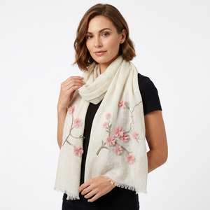 Elegant Women's Medium Linen Scarf With <b>Pink</b> Floral Embroidery All Seasons Wear - Product Image 1