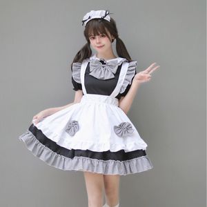 Maid Costume Dress Black White Checkered Bow Adult Women Anime Cosplay Outfit 4 Piece Set - Product Image 3