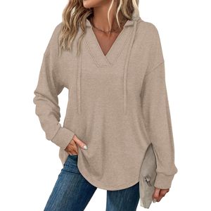 FOXA <b>Women's</b> V Neck Hoodie Oversized Sweatshirt Cotton Blend Breathable With Pockets Plus Size Fall Fashion Top - Product Image 2