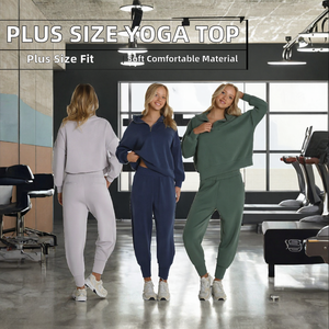 Hauts de sport et de yoga athlétiques pour femmes grandes tailles, de haute qualité, à manches longues, avec logo frontal uni, confortables, amples, 2 pièces avec fermetures éclair - Product Image 2