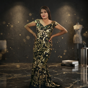 Robe de soirée coupe poisson de qualité supérieure avec motif brodé, couleur noire, style Sharara - Product Image 4