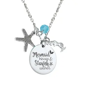 Mer Plage Sirène Lettrage En Acier Inoxydable Sirène Étoile De Mer Étoile De Mer Pendentif Rond Collier "Sirène Bisous & Étoile De Mer Souhaits" - Product Image 1