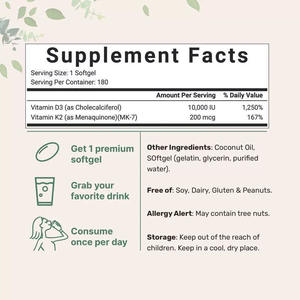 OEM Vitamina D3 e K2 Óleo de coco Softgels 10,000 IU D3 + 200 Mcg K2 - Product Image 3