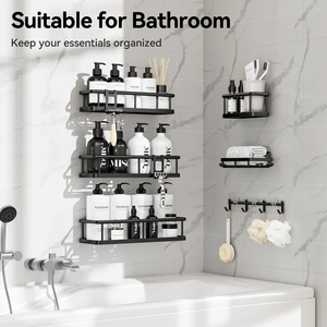 5 Piece Metal Bathroom Accessories Set Organizer Drill Free Shower Wall <b>Shelves</b> with <b>Hooks</b> for Toiletries - Product Image 4