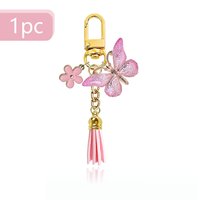 Porte-clés Papillon Dégradé en Gros avec Breloque Fleur et Pompon en Daim, Pendentif de Sac à Clip en U Doré, Anneau de Clés Tendance pour Femme