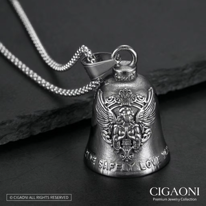 Pronta Consegna: Collana con Campana Guardiana in Acciaio Inox 316L, 'Ride Safely Love You', Campana Spirituale da Biker con Ali d'Angelo per Uomo - Product Image 1