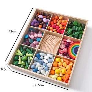 252 pcs of a set Large Set Full Rainbow Color Style Wooden Loose Parts Sensory Play Toys Rainbow Mandala Loose Parts