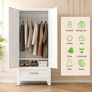 <span class=keywords><strong>Armoire</strong></span> de chambre à coucher en métal avec portes battantes modernes et minimalistes, tringle de suspension réglable, étagères et rangement pour balais - Product Image 3