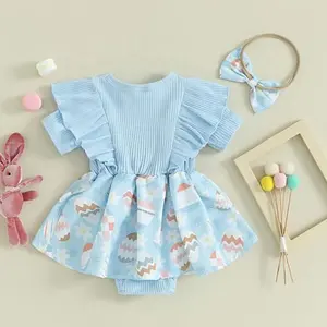 Kleinkind Baby Mädchen Ostern Outfit Rüschen Ärmel Hase Karotte bedrucktes Strampelanzug mit Kopfband Sommerkleidung