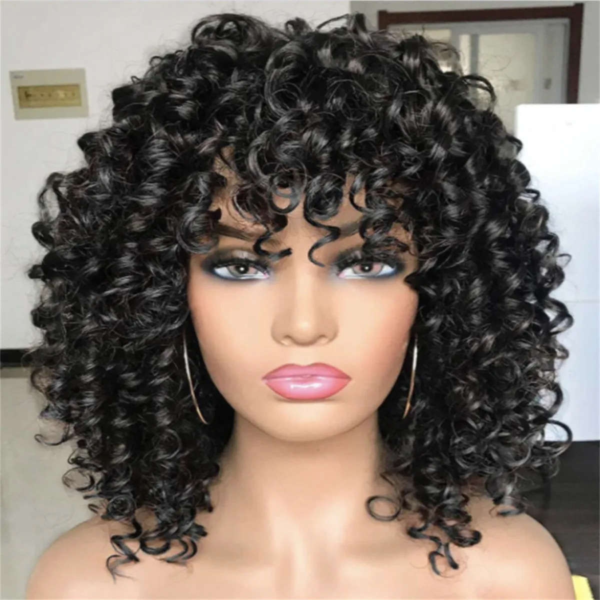 Fashion Women Synthetic Natural Curly Afro Wig with Bangs Short Kinky Curly Wigs Black Black Hair