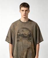 T-shirt Homme Personnalisé Kornit Digital Print 100% Coton Épais Coupe Ample Vintage Effet Délavé Usé et Déchiré Wasteland Dirty