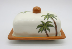 <span class=keywords><strong>Assiette</strong></span> <span class=keywords><strong>carrée</strong></span> en céramique avec imprimé palmier, base blanche, bord brun, style tropical, vaisselle pour servir les aliments à la maison - Product Image 3