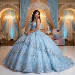 Lsany281 Elegante Vestido de Quinceañera Azul Cielo con Apliques Florales en Capas, Vestido Brillante para Fiesta de Graduación o Cumpleaños Jancember - Product Image 1